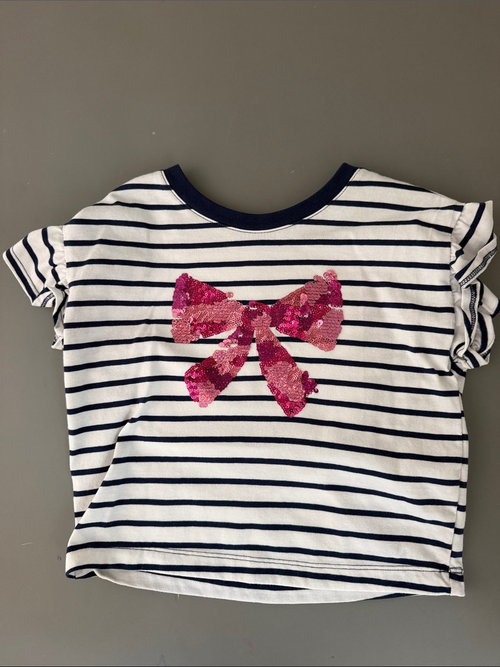 jumping beans Navy & White Striped Tee with Pink Sequin Bow